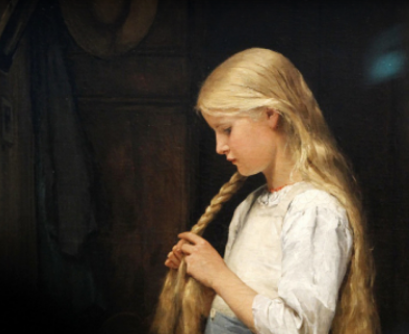 Albert Anker Mädchen die Haare flechtend