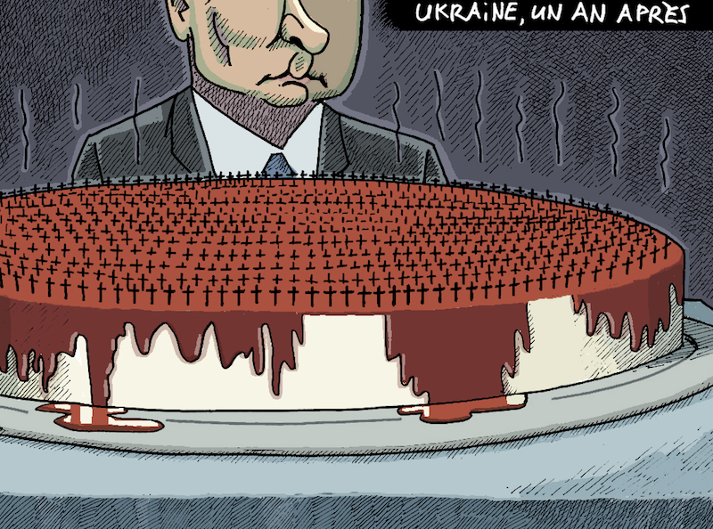 Karikatur Gérald Herrmann Jahrestag Ukraine