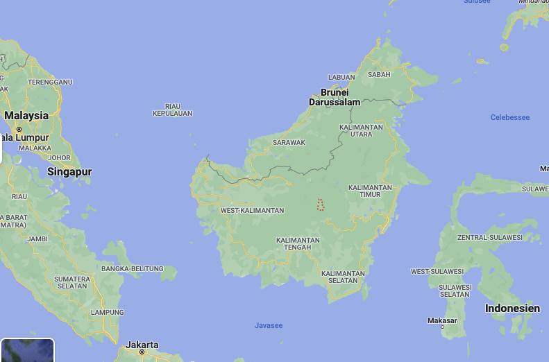 Insel Borneo. In der Mitte Tumbang Olong (rot gestrichelt)