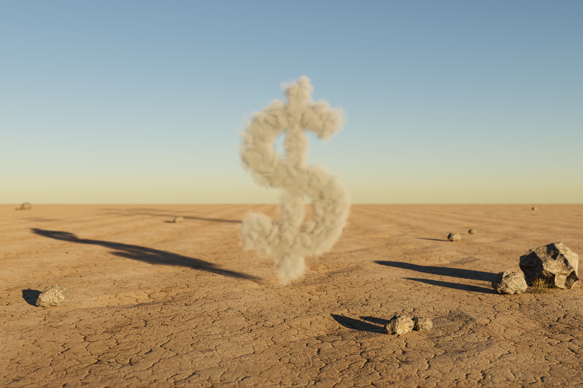 small cloud dollar symbol in large desert environment with sand dunes, hills and rocks laying arround; business profit concept; 3D Illustration