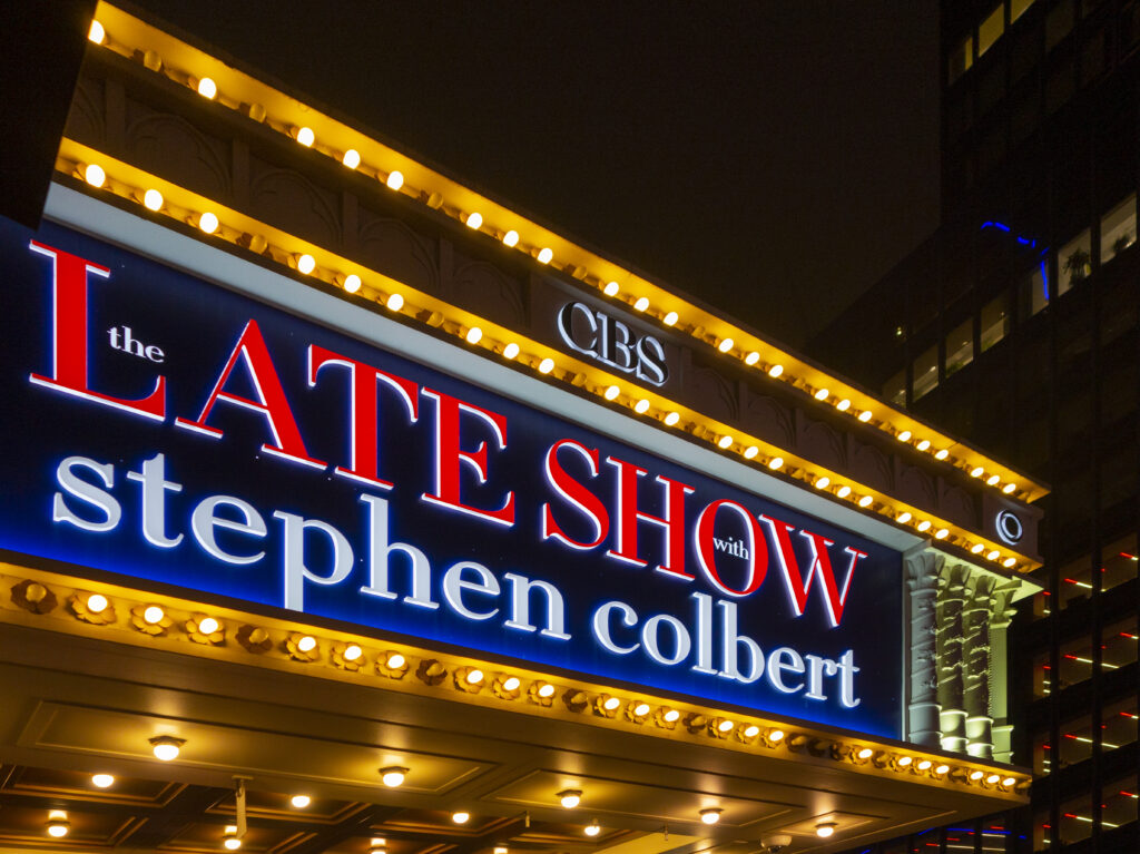 New york city manhattan, new york, USA 12/26/19 the late show with Stephen Colbert marqueewith lighted sign and lights