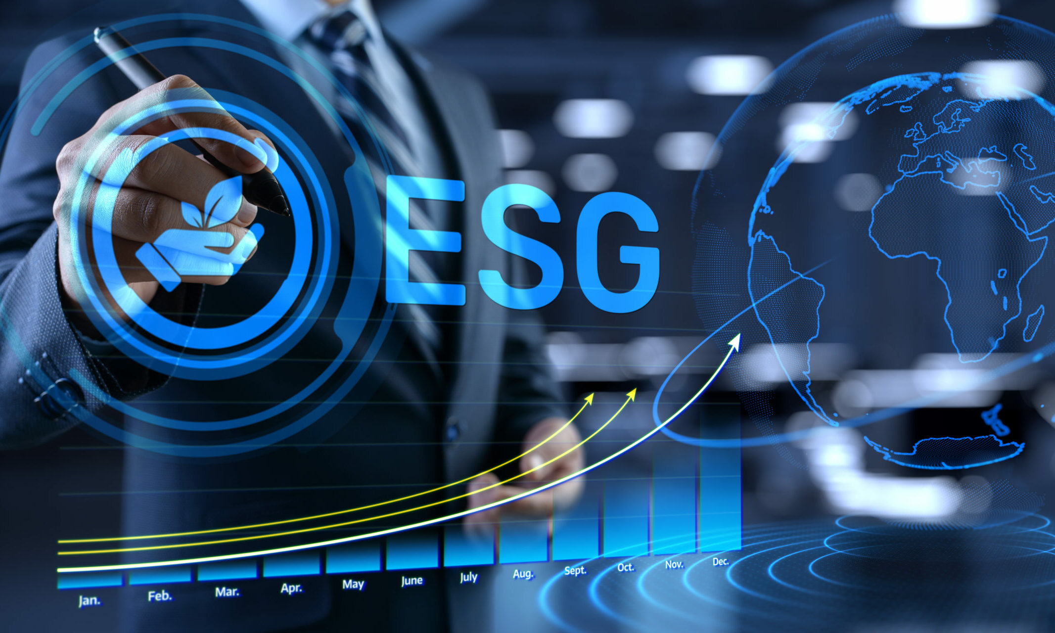 ESG environmental social governance business strategy investing concept. Businessman pressing button on screen