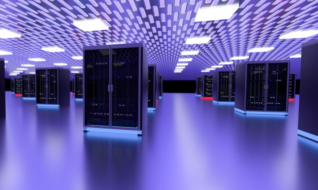 Server room data center. Backup, mining, hosting, mainframe, farm and computer rack with storage information. 3d render