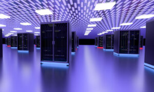 Server room data center. Backup, mining, hosting, mainframe, farm and computer rack with storage information. 3d render