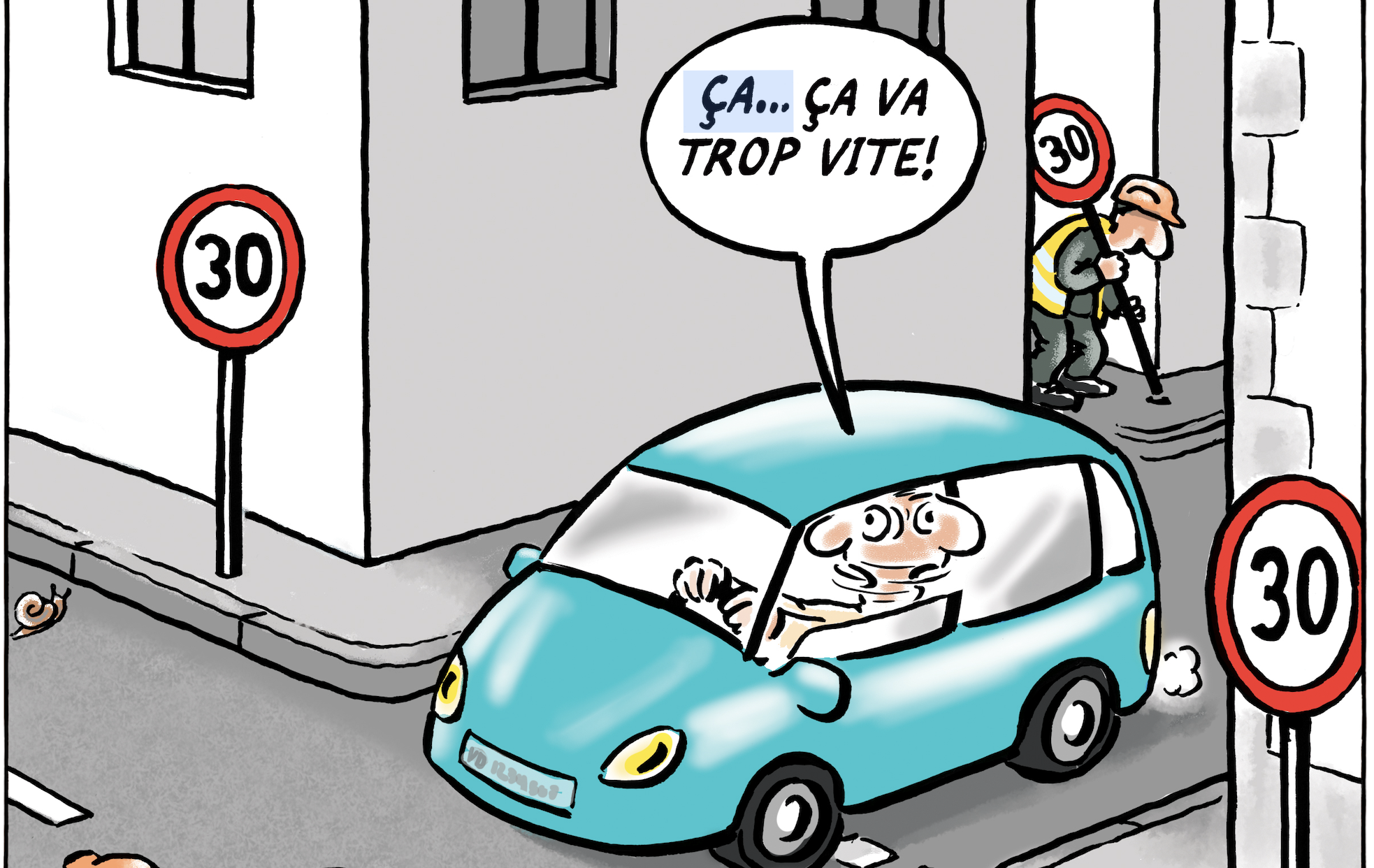Cartoon Bénédicte Tempo 30 Zonen Aufmacherbild