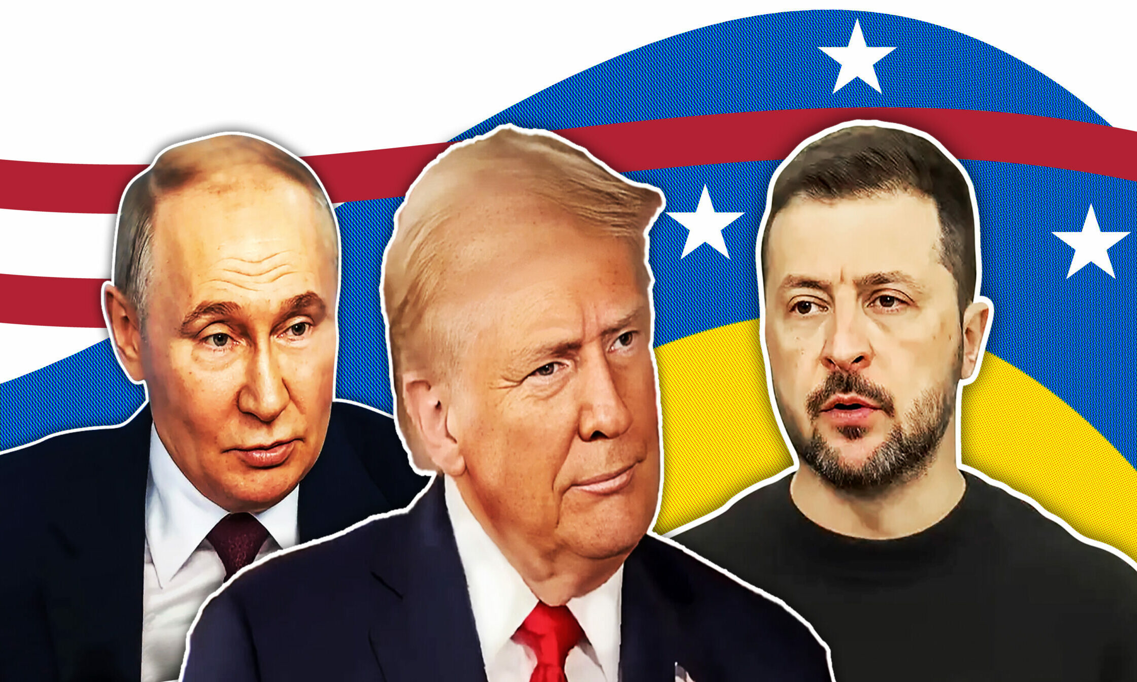 Portrait of Donald Trump , Vladimir Zelenskyy and Vladimir Putin.