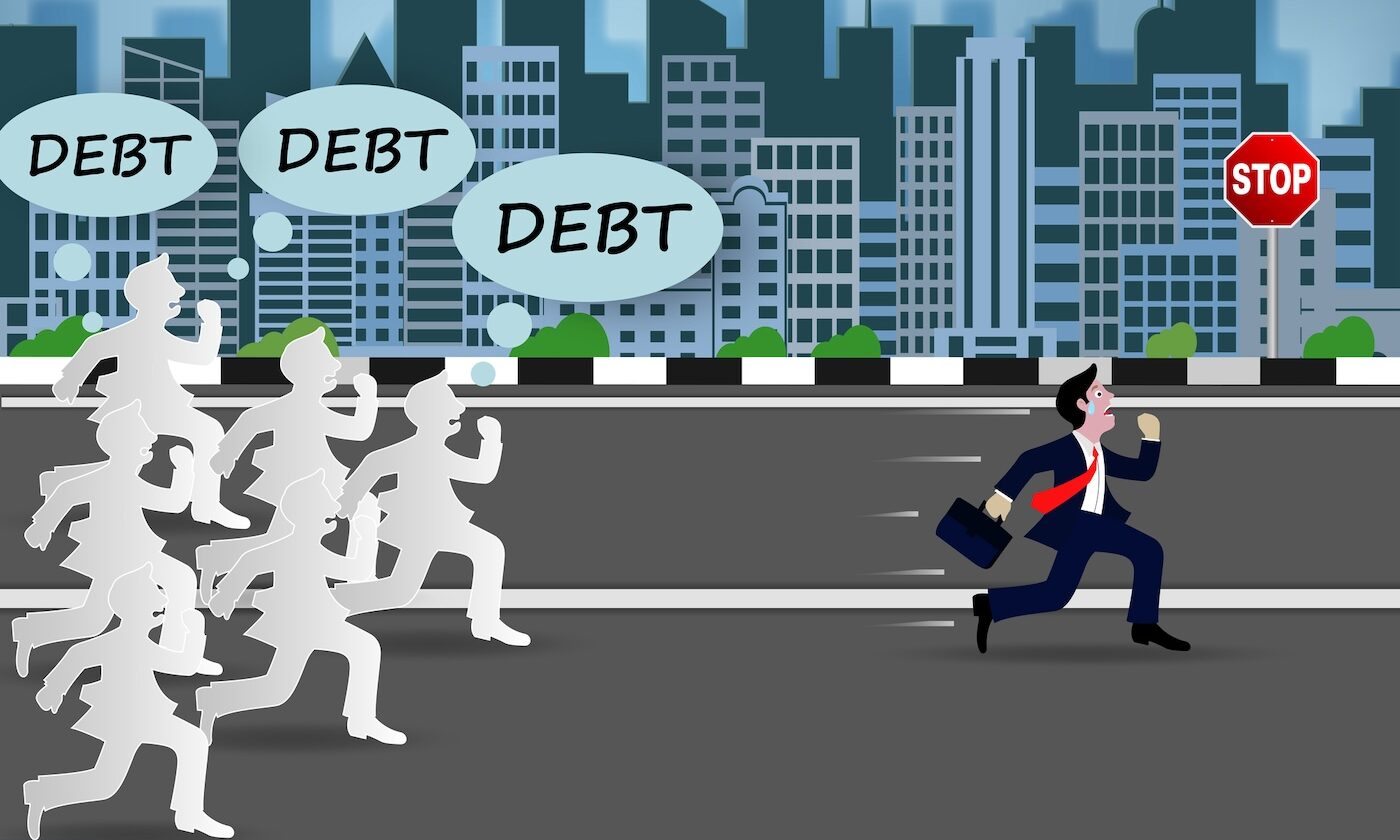 Businessman or manager run away from big debt. With many creditors chasing him.