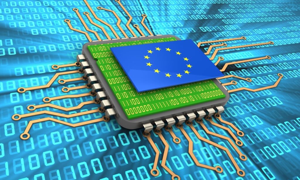3d illustration of processor over digital background with EU flag and with code inside