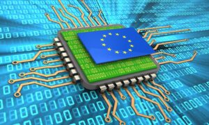 3d illustration of processor over digital background with EU flag and with code inside