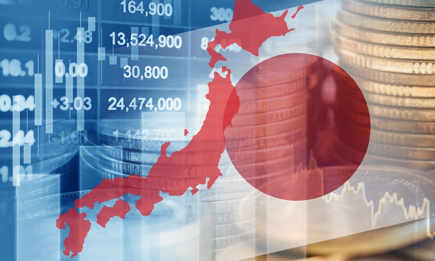 Japan flag with stock market finance, economy trend graph digital technology.