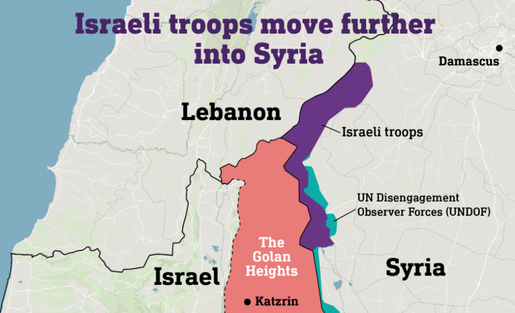 Israels Armee in Syrien Stand 241210 gestrichelt Waffenstillstandslinie vor 1967