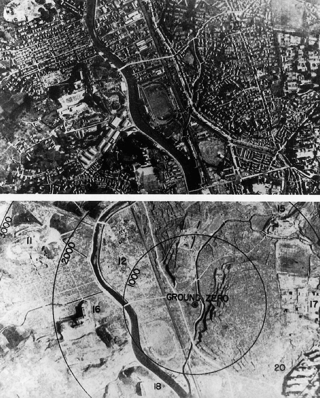 Nagasaki vor und nach dem Atombombenabwurf 1945