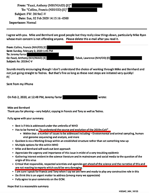 E-Mails Fauci, Collins, Farrar 2.2.2020