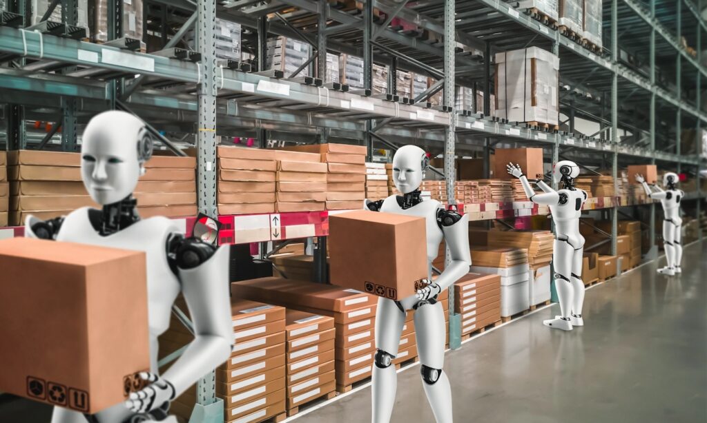 Innovative industry robot working in warehouse for human labor replacement