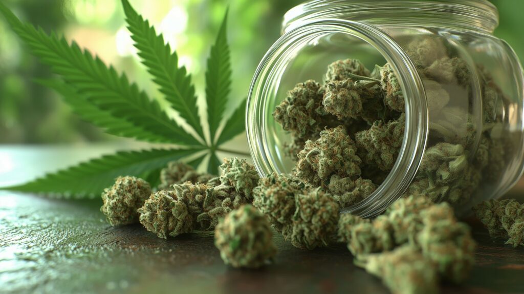 medizinisches-cannabis-in-glasbehalter-mit-grunen-cbd-bluten-und-thc-blattern-1103416-1920x1076