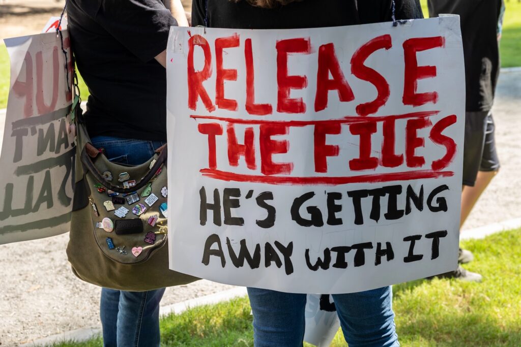 Woman wears sign about Epstein files at Atlanta protest