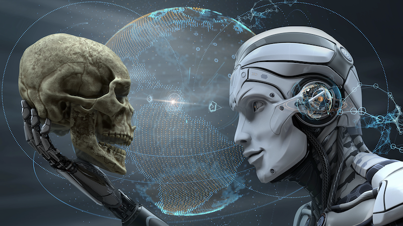 Cyborg watching human skull holding in hand