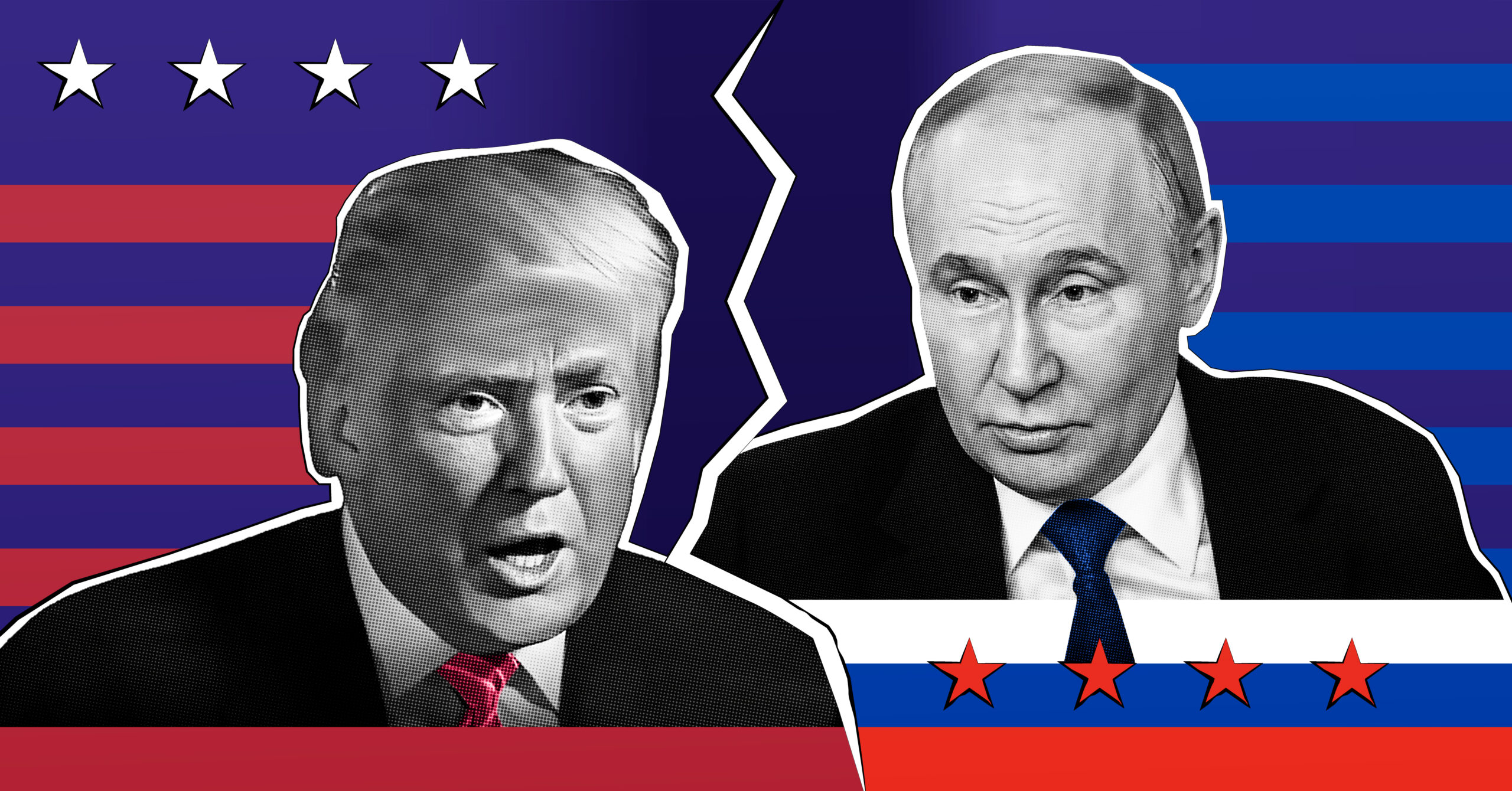 Portraits Donald Trump und Vladimir Putin. Halftone collage effect.