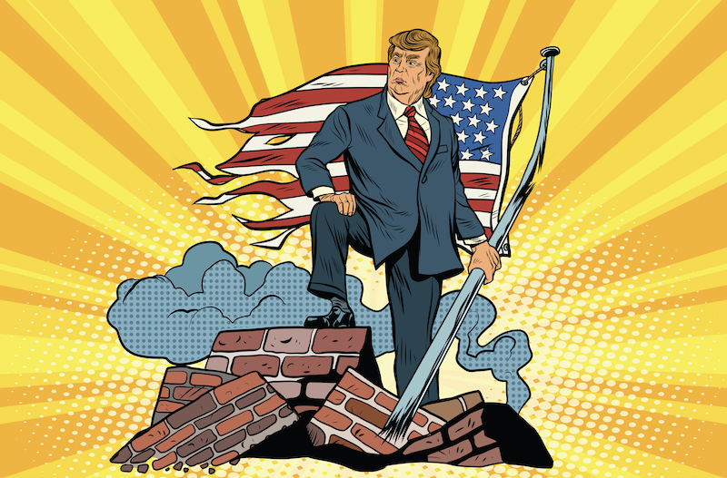 Trump mit Flagge auf Ruinen